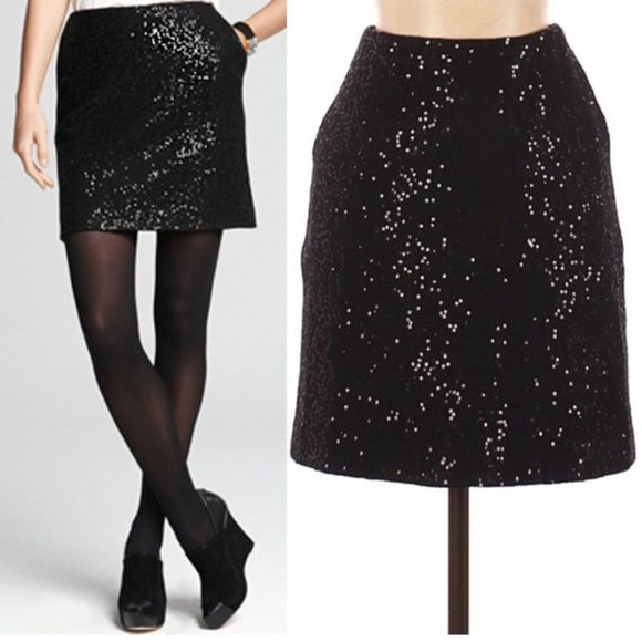 Ann Taylor Petites Black All Over Sequin Wool Blend Straight Mini Skirt 6P - Picture 1 of 10